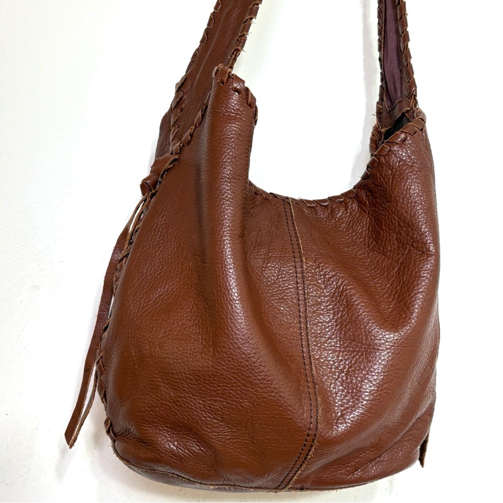 LUCKY BRAND Genuine Leather Large Boho Whipstitch Hobo Shoulder Bag Purse - Picture 2 of 16